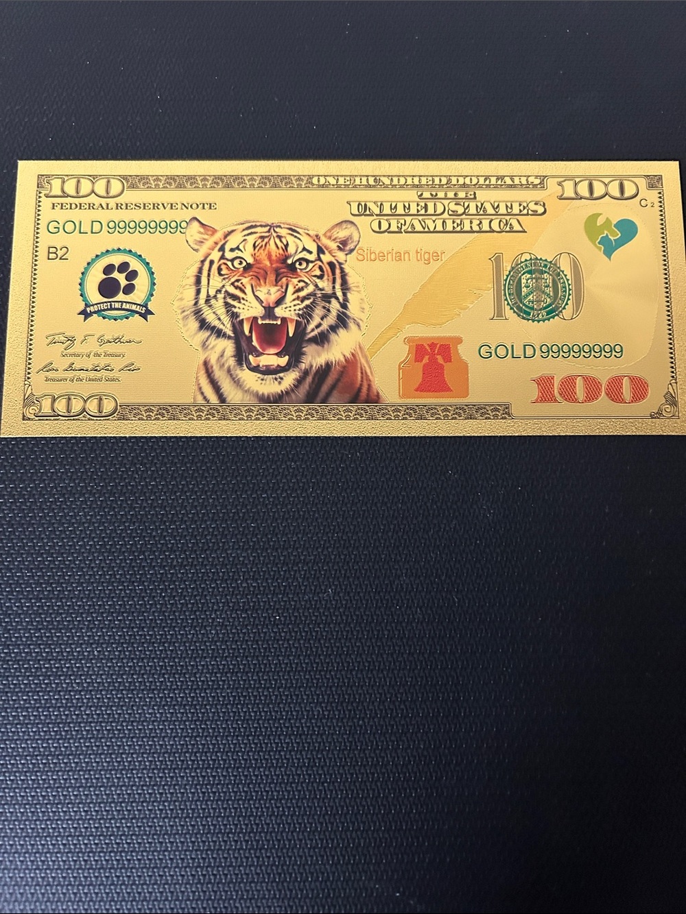 Collectible Gold Tiger $100 Novelty Bill